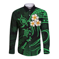 Personalised Lanai Hawaii Long Sleeve Button Shirt Polynesian Tattoo and Pacific Plumeria Green Vibe - Wonder Print Shop