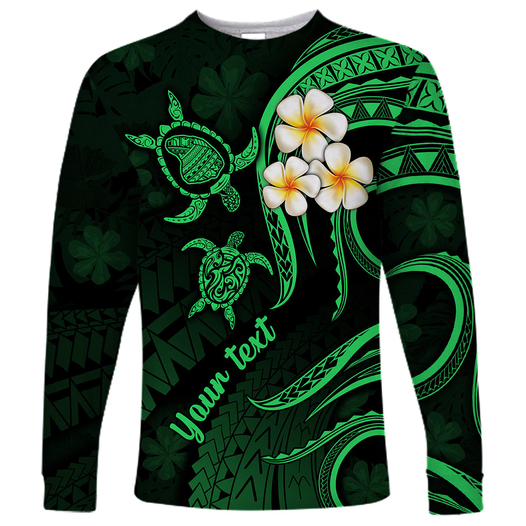 Personalised Lanai Hawaii Long Sleeve Shirt Polynesian Tattoo and Pacific Plumeria Green Vibe - Wonder Print Shop