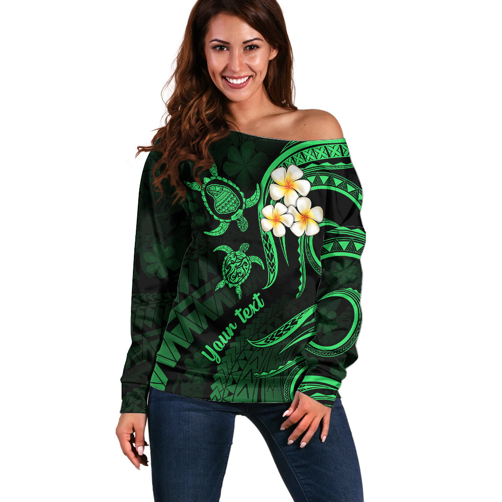 Personalised Lanai Hawaii Off Shoulder Sweater Polynesian Tattoo and Pacific Plumeria Green Vibe - Wonder Print Shop