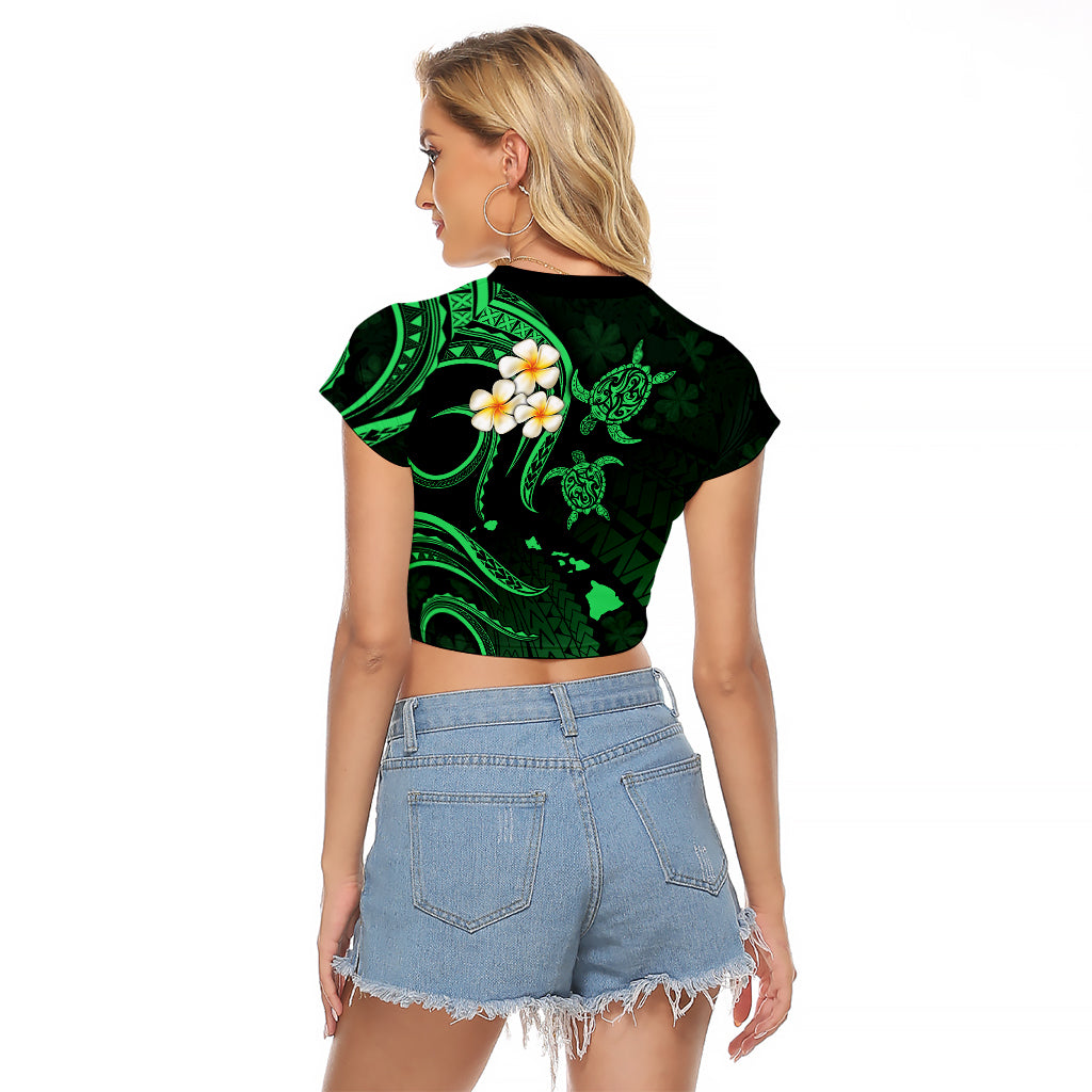 Personalised Lanai Hawaii Raglan Cropped T Shirt Polynesian Tattoo and Pacific Plumeria Green Vibe - Wonder Print Shop