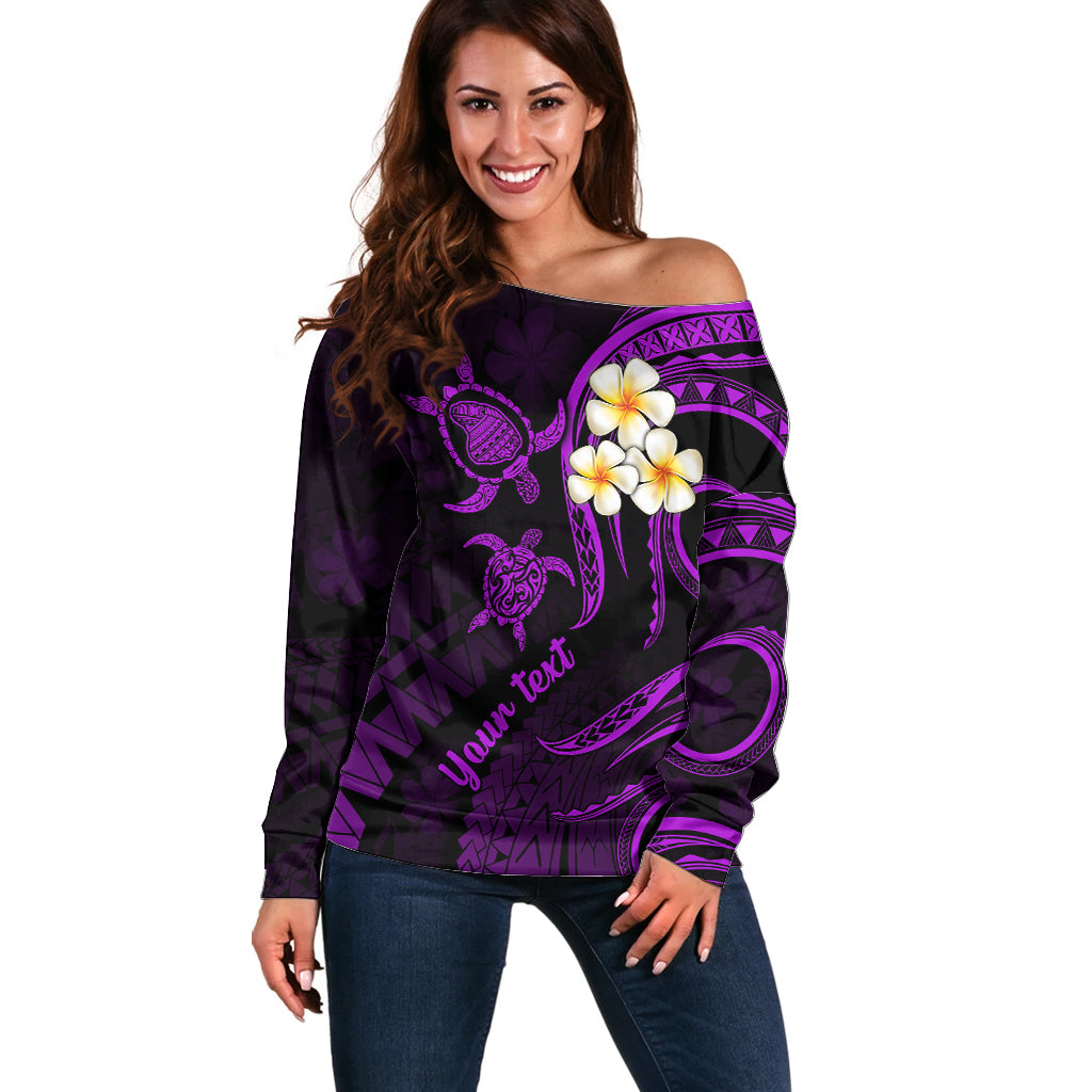 Personalised Lanai Hawaii Off Shoulder Sweater Polynesian Tattoo and Pacific Plumeria Purple Vibe - Wonder Print Shop