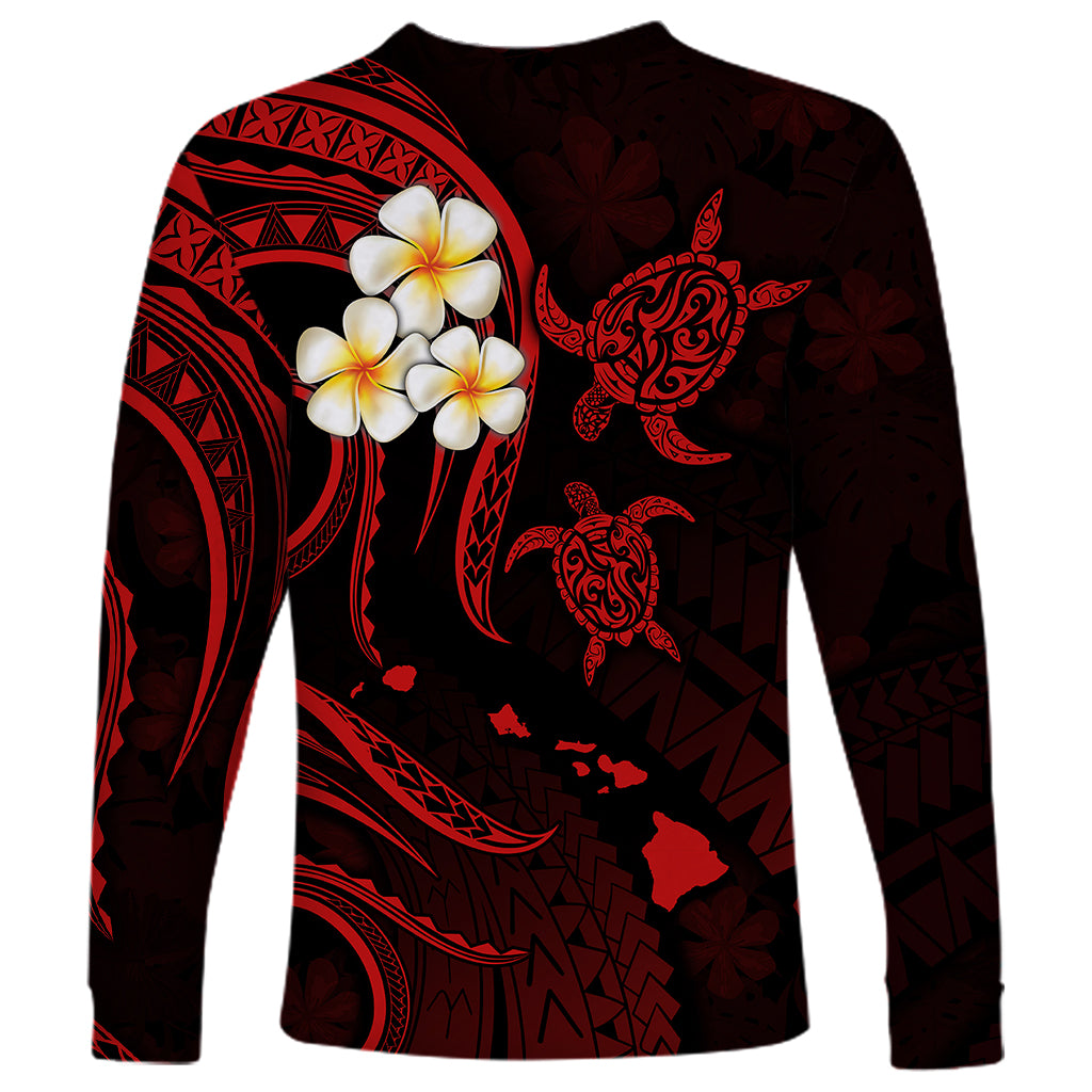 Personalised Lanai Hawaii Long Sleeve Shirt Polynesian Tattoo and Pacific Plumeria Red Vibe - Wonder Print Shop