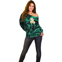 Personalised Lanai Hawaii Off Shoulder Sweater Polynesian Tattoo and Pacific Plumeria Turquoise Vibe - Wonder Print Shop
