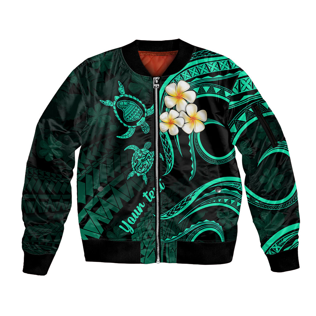 Personalised Lanai Hawaii Sleeve Zip Bomber Jacket Polynesian Tattoo and Pacific Plumeria Turquoise Vibe - Wonder Print Shop