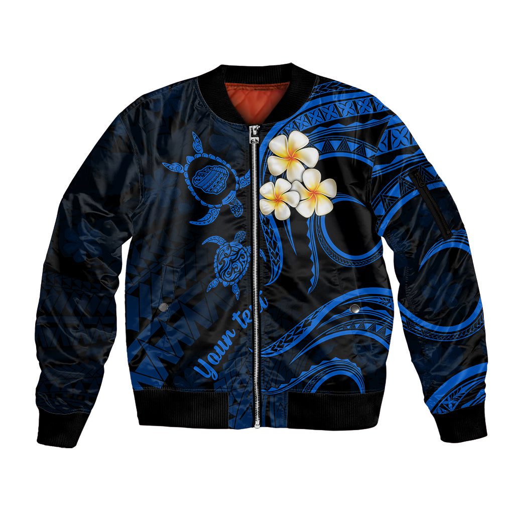 Personalised Kauai Hawaii Sleeve Zip Bomber Jacket Polynesian Tattoo and Pacific Plumeria Blue Vibe - Wonder Print Shop