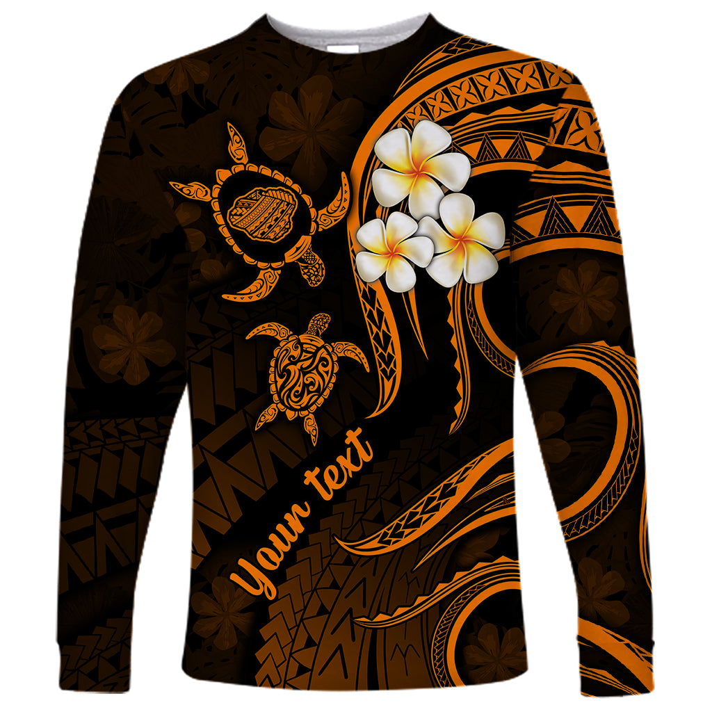 Personalised Kauai Hawaii Long Sleeve Shirt Polynesian Tattoo and Pacific Plumeria Gold Vibe - Wonder Print Shop