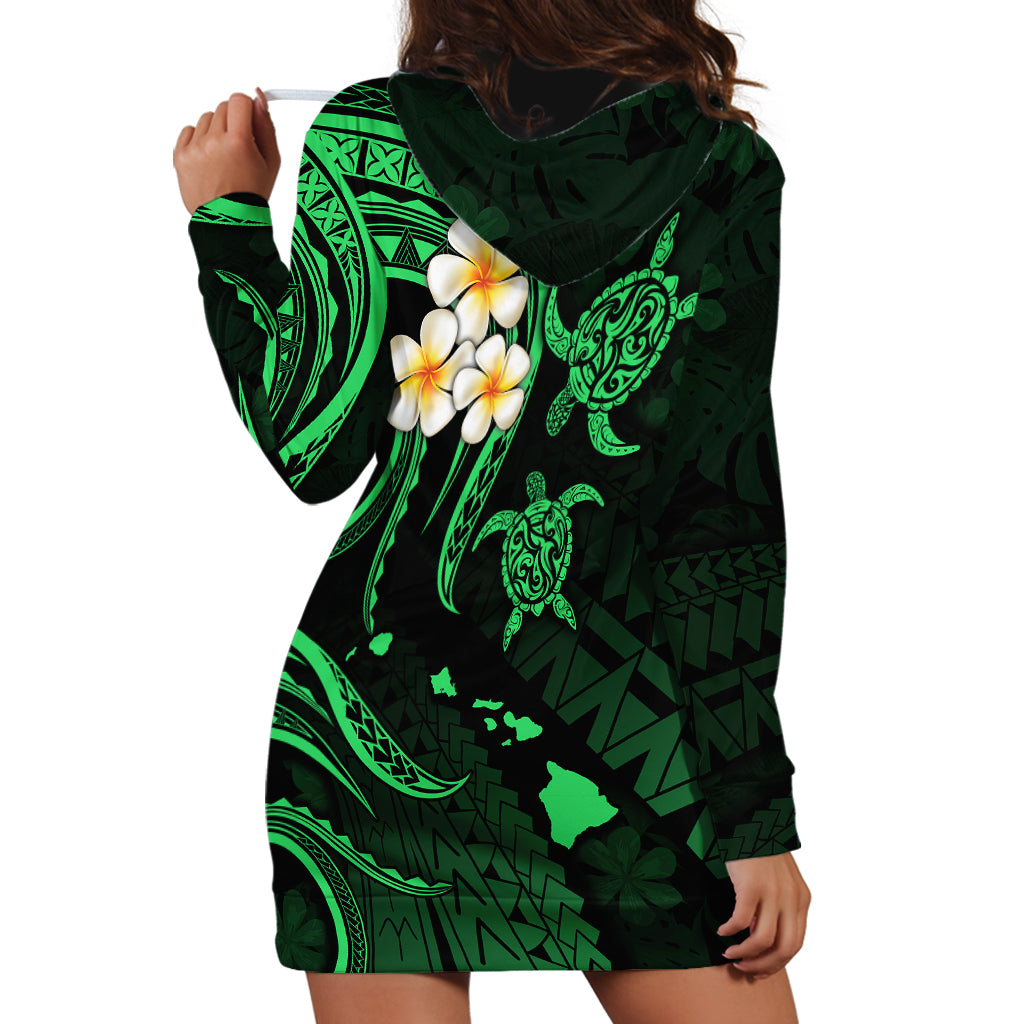 Personalised Kauai Hawaii Hoodie Dress Polynesian Tattoo and Pacific Plumeria Green Vibe - Wonder Print Shop