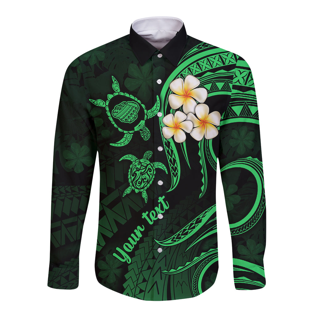Personalised Kauai Hawaii Long Sleeve Button Shirt Polynesian Tattoo and Pacific Plumeria Green Vibe - Wonder Print Shop
