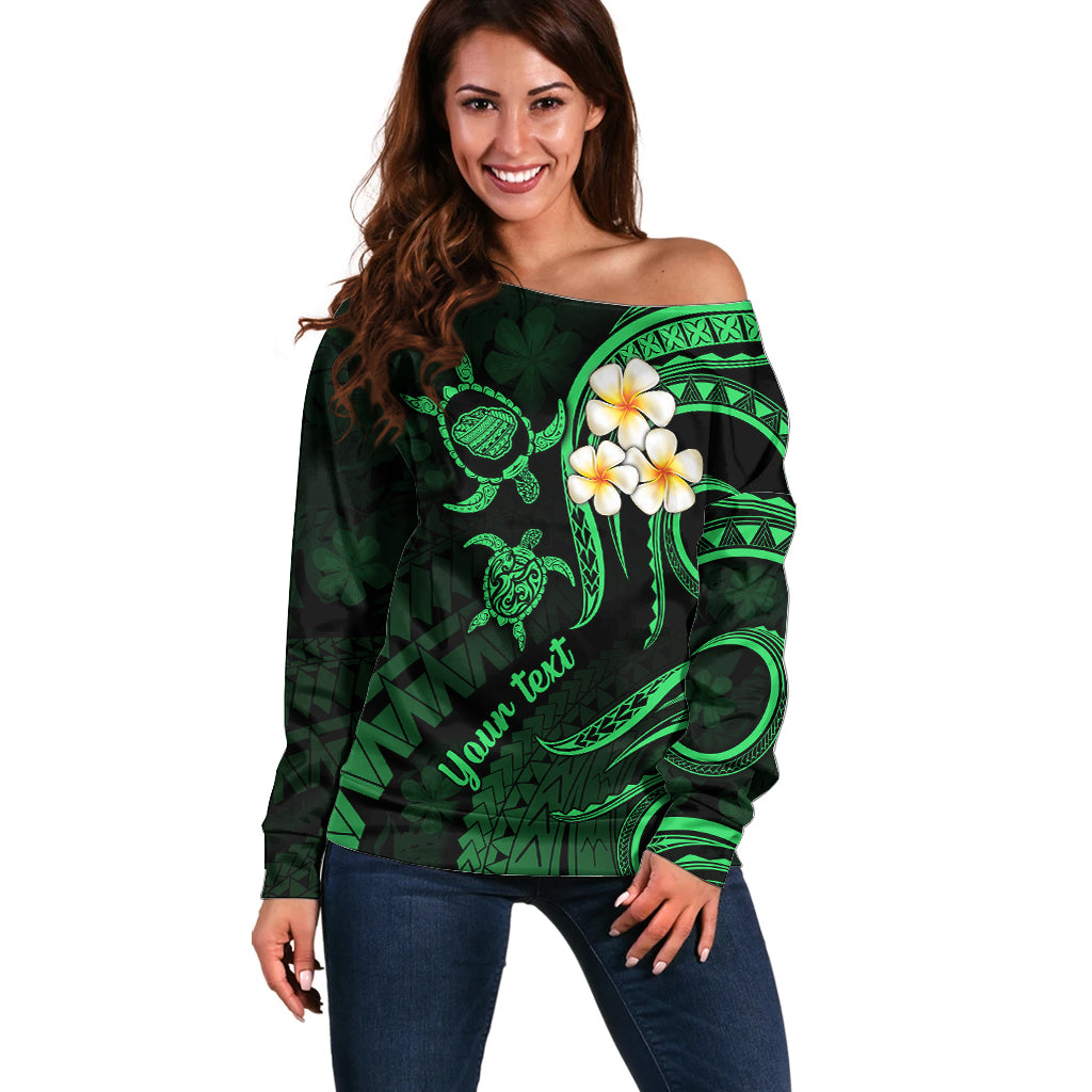 Personalised Kauai Hawaii Off Shoulder Sweater Polynesian Tattoo and Pacific Plumeria Green Vibe - Wonder Print Shop