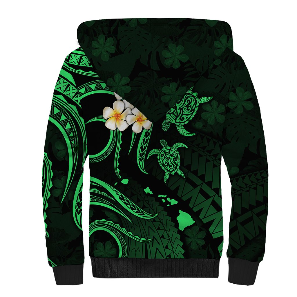 Personalised Kauai Hawaii Sherpa Hoodie Polynesian Tattoo and Pacific Plumeria Green Vibe - Wonder Print Shop