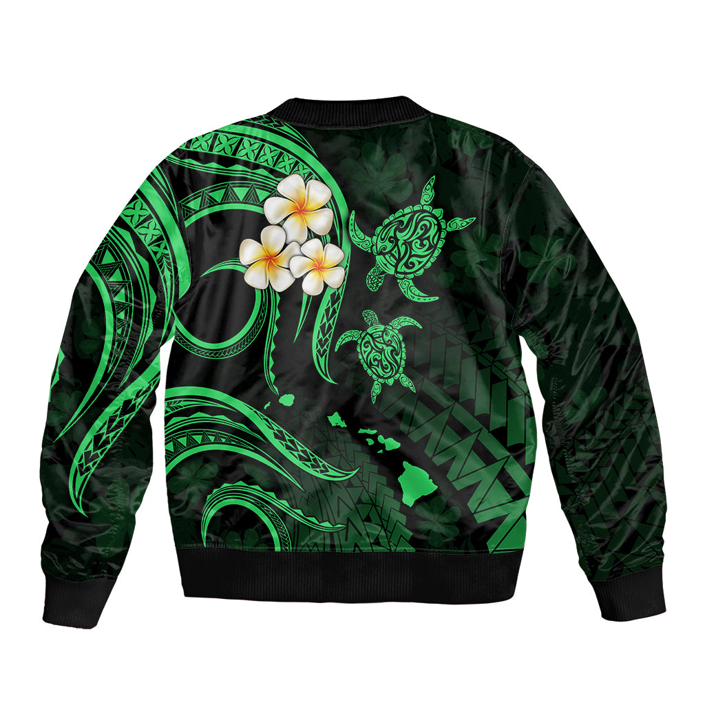 Personalised Kauai Hawaii Sleeve Zip Bomber Jacket Polynesian Tattoo and Pacific Plumeria Green Vibe - Wonder Print Shop