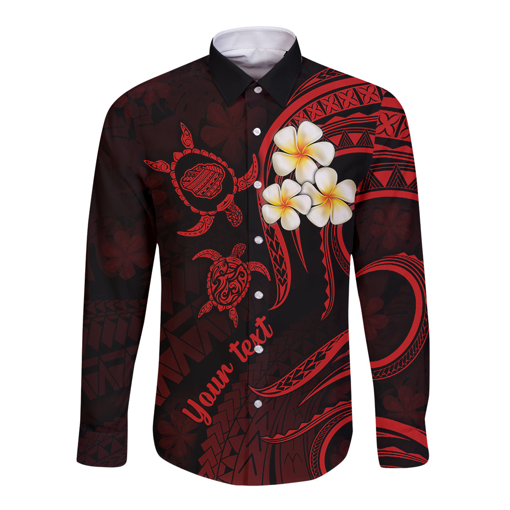 Personalised Kauai Hawaii Long Sleeve Button Shirt Polynesian Tattoo and Pacific Plumeria Red Vibe - Wonder Print Shop