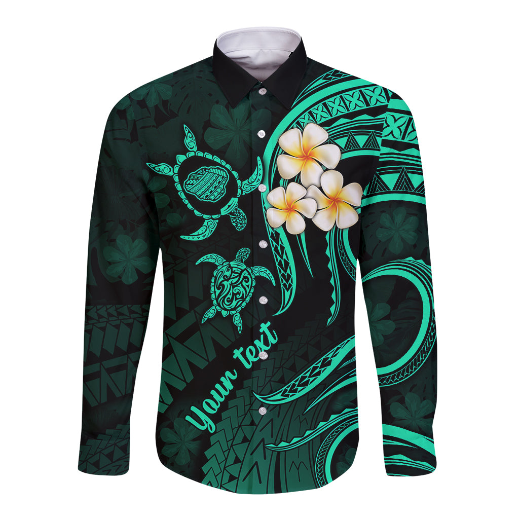 Personalised Kauai Hawaii Long Sleeve Button Shirt Polynesian Tattoo and Pacific Plumeria Turquoise Vibe - Wonder Print Shop