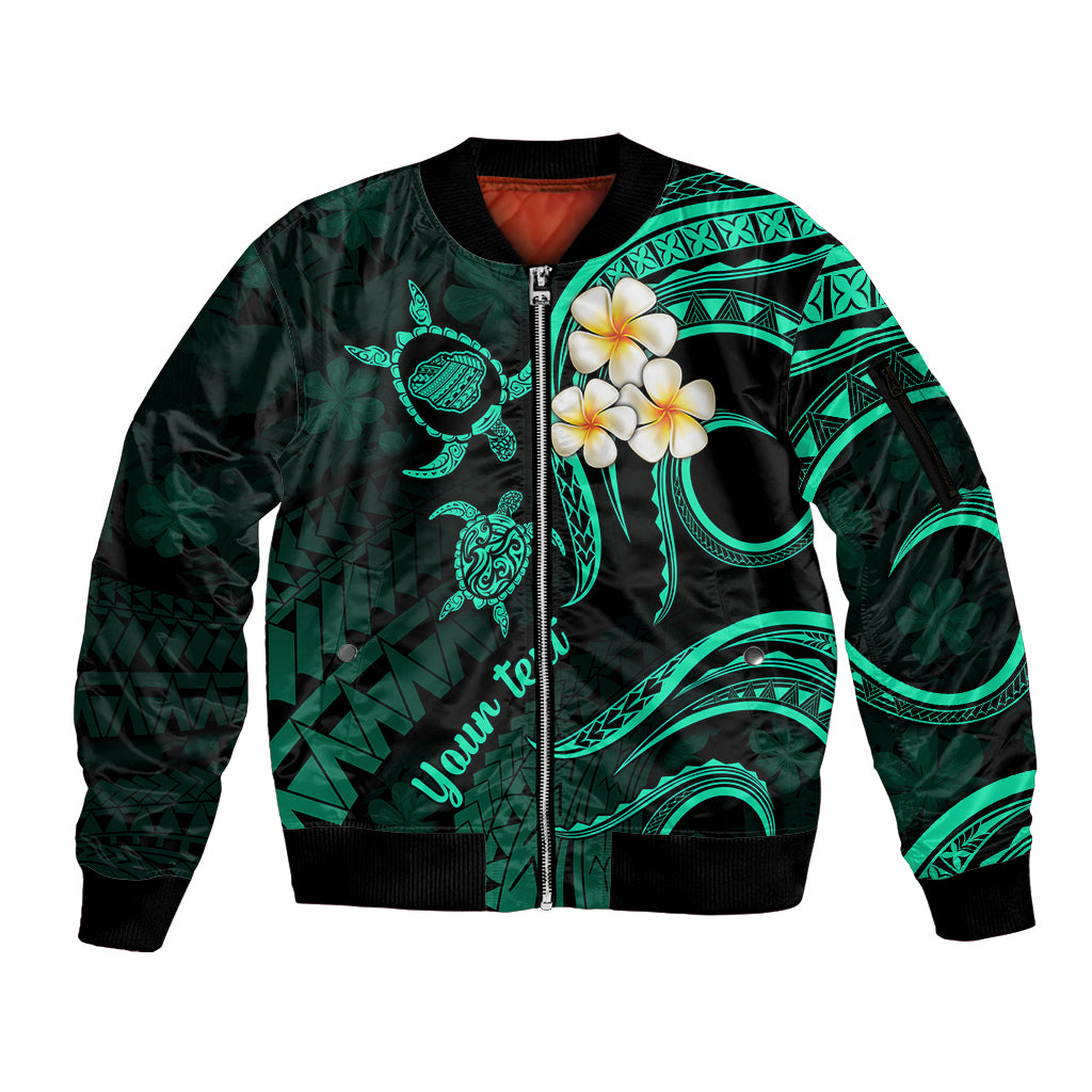 Personalised Kauai Hawaii Sleeve Zip Bomber Jacket Polynesian Tattoo and Pacific Plumeria Turquoise Vibe - Wonder Print Shop