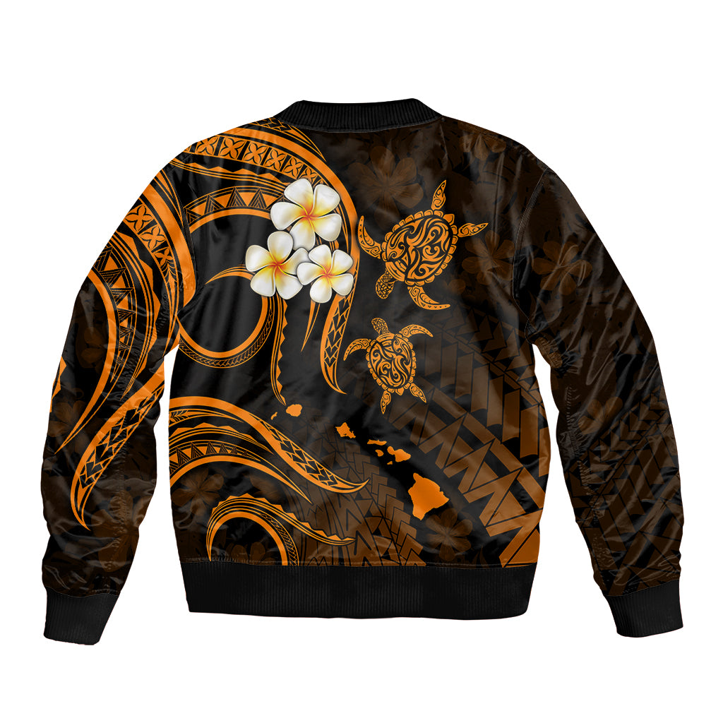 Personalised Kahoolawe Hawaii Sleeve Zip Bomber Jacket Polynesian Tattoo and Pacific Plumeria Gold Vibe - Wonder Print Shop