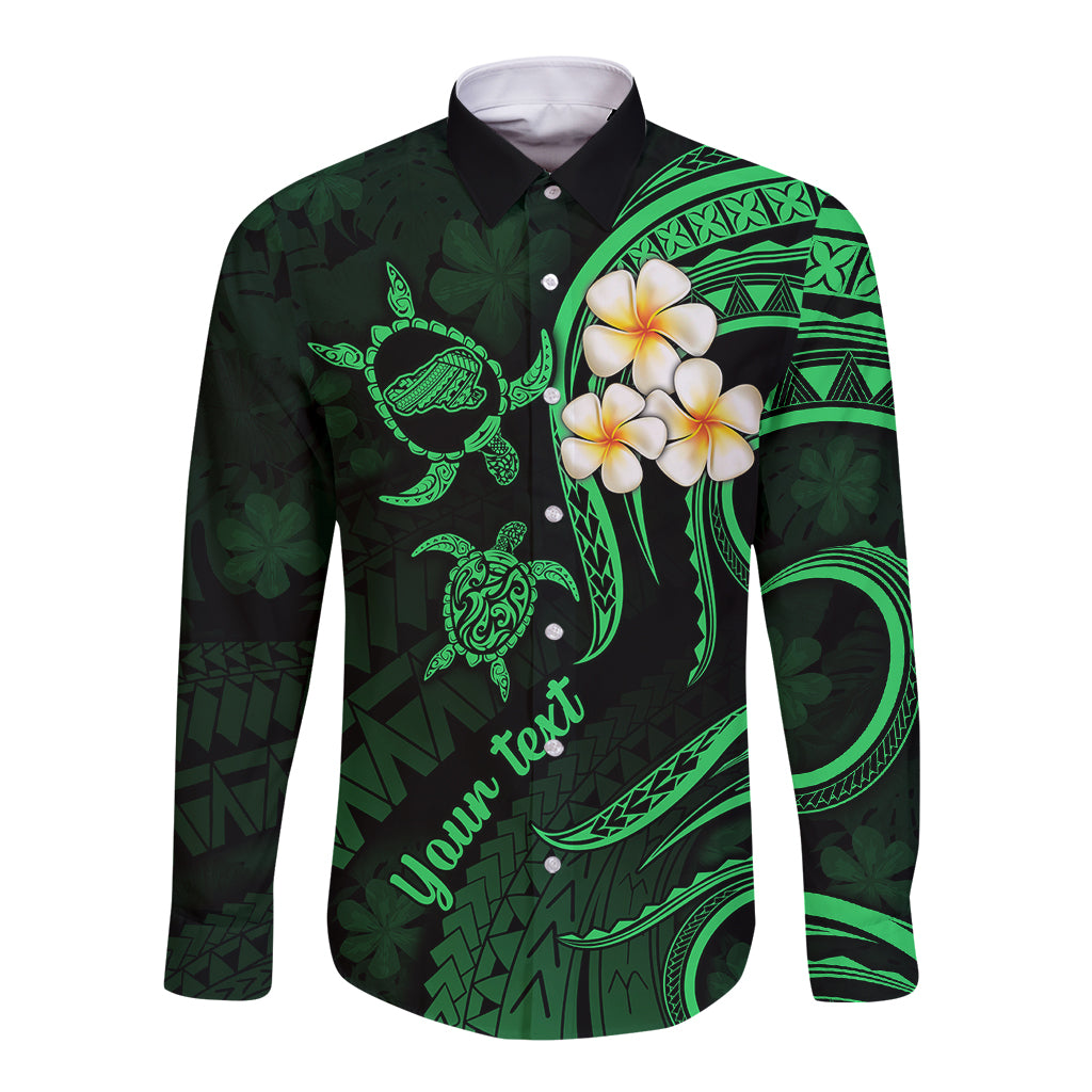 Personalised Kahoolawe Hawaii Long Sleeve Button Shirt Polynesian Tattoo and Pacific Plumeria Green Vibe - Wonder Print Shop