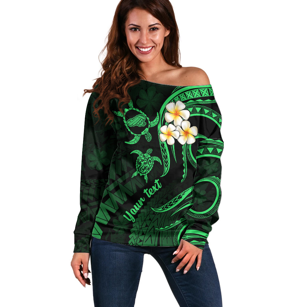 Personalised Kahoolawe Hawaii Off Shoulder Sweater Polynesian Tattoo and Pacific Plumeria Green Vibe - Wonder Print Shop