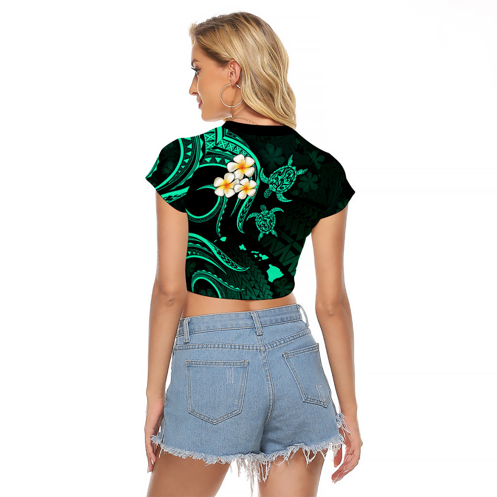 Personalised Kahoolawe Hawaii Raglan Cropped T Shirt Polynesian Tattoo and Pacific Plumeria Turquoise Vibe - Wonder Print Shop