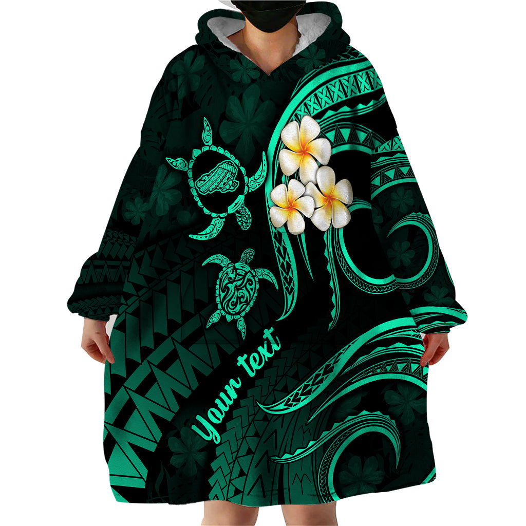 Personalised Kahoolawe Hawaii Wearable Blanket Hoodie Polynesian Tattoo and Pacific Plumeria Turquoise Vibe - Wonder Print Shop
