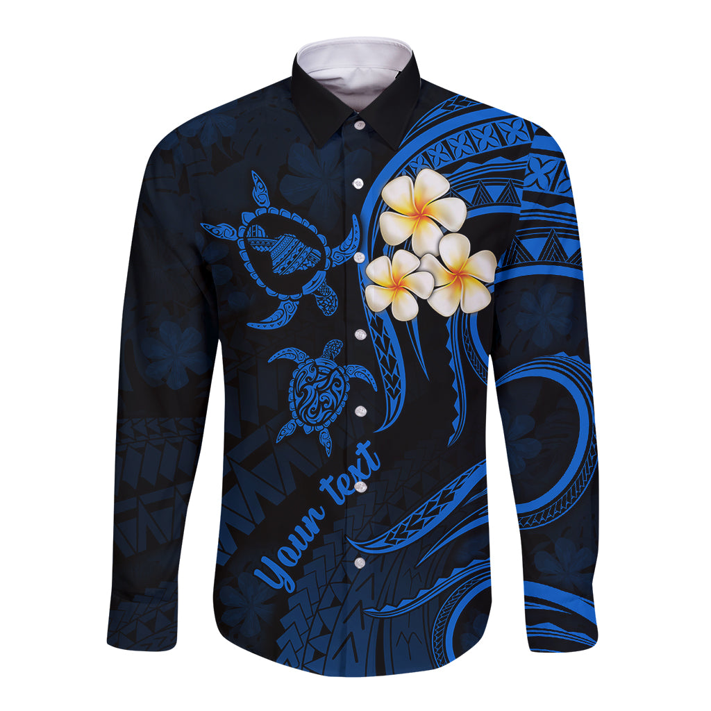 Personalised Maui Hawaii Long Sleeve Button Shirt Polynesian Tattoo and Pacific Plumeria Blue Vibe - Wonder Print Shop