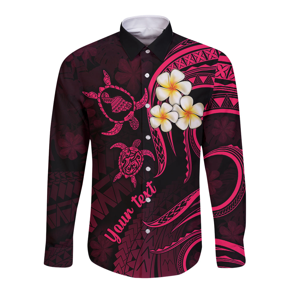 Personalised Maui Hawaii Long Sleeve Button Shirt Polynesian Tattoo and Pacific Plumeria Pink Vibe - Wonder Print Shop