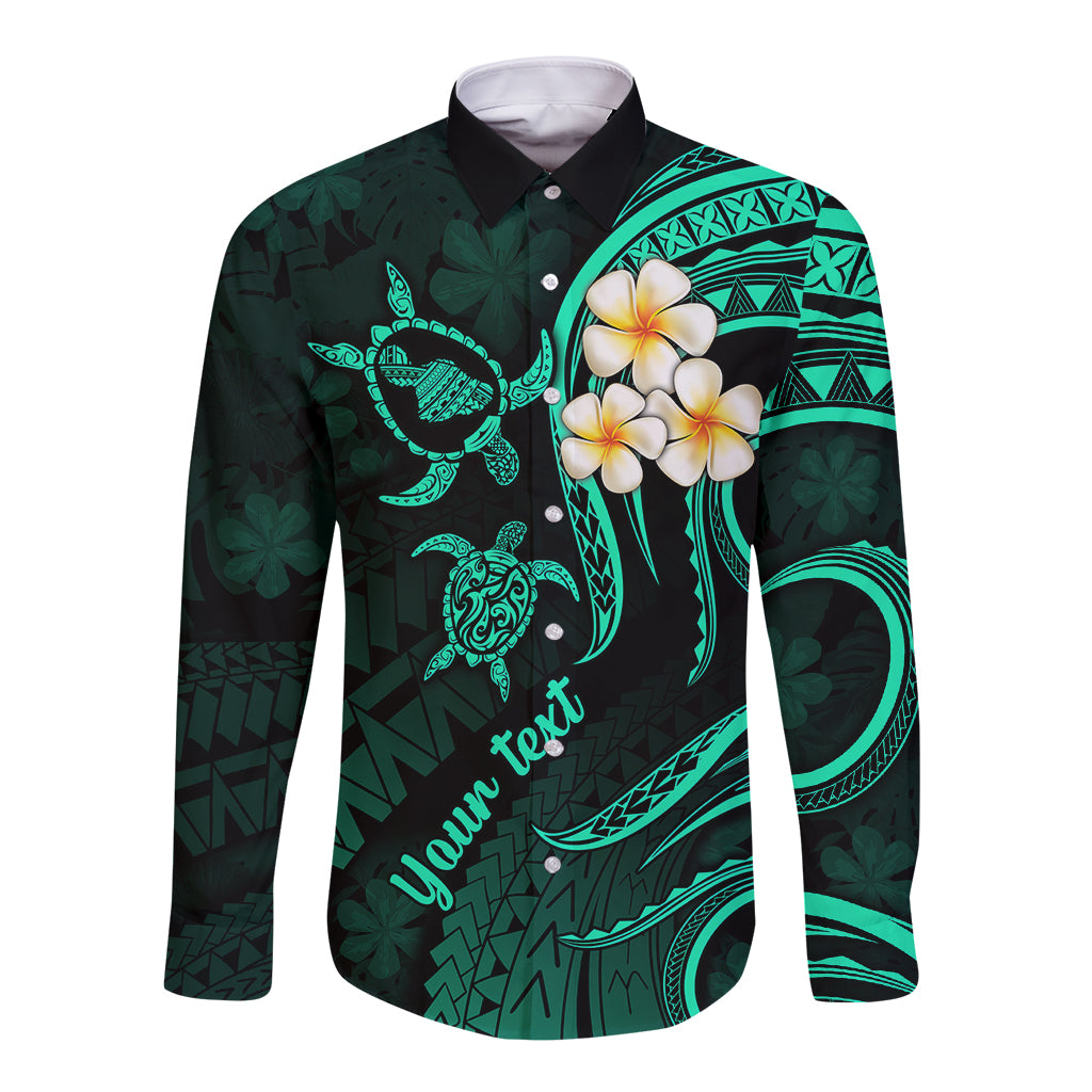 Personalised Maui Hawaii Long Sleeve Button Shirt Polynesian Tattoo and Pacific Plumeria Turquoise Vibe - Wonder Print Shop