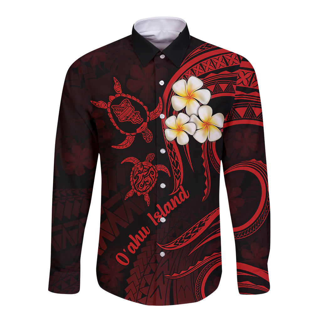 Hawaii Long Sleeve Button Shirt Oahu Islands Pacific Plumeria Red Vibe - Wonder Print Shop