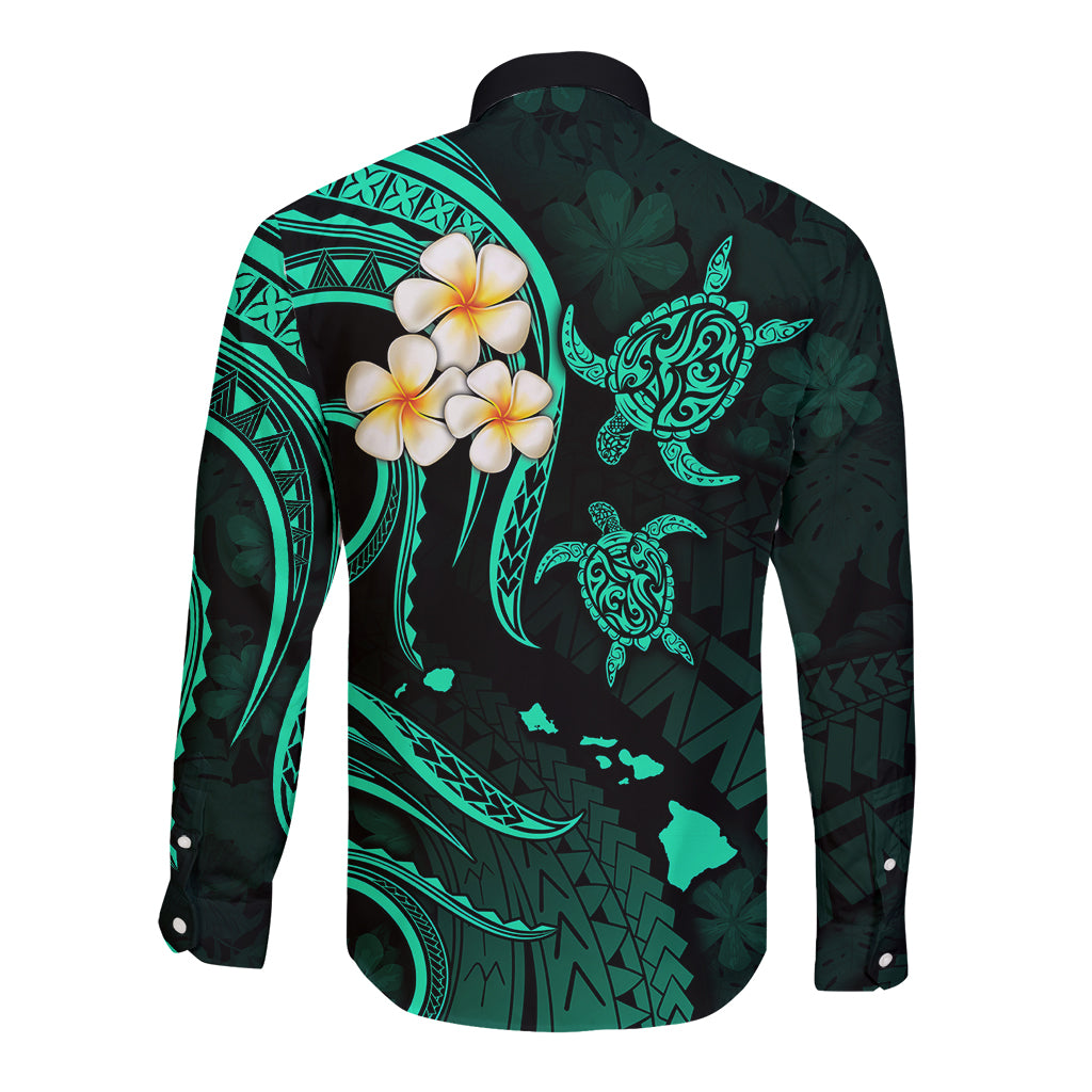 Hawaii Long Sleeve Button Shirt Oahu Islands Pacific Plumeria Turquoise Vibe - Wonder Print Shop