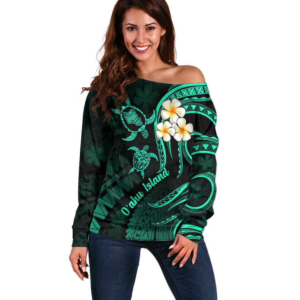 Hawaii Off Shoulder Sweater Oahu Islands Pacific Plumeria Turquoise Vibe - Wonder Print Shop