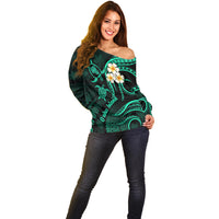 Hawaii Off Shoulder Sweater Oahu Islands Pacific Plumeria Turquoise Vibe - Wonder Print Shop