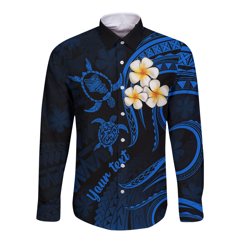 Personalised Oahu Hawaii Long Sleeve Button Shirt Polynesian Tattoo and Pacific Plumeria Blue Vibe - Wonder Print Shop