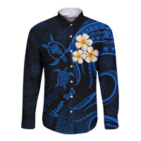 Personalised Oahu Hawaii Long Sleeve Button Shirt Polynesian Tattoo and Pacific Plumeria Blue Vibe - Wonder Print Shop