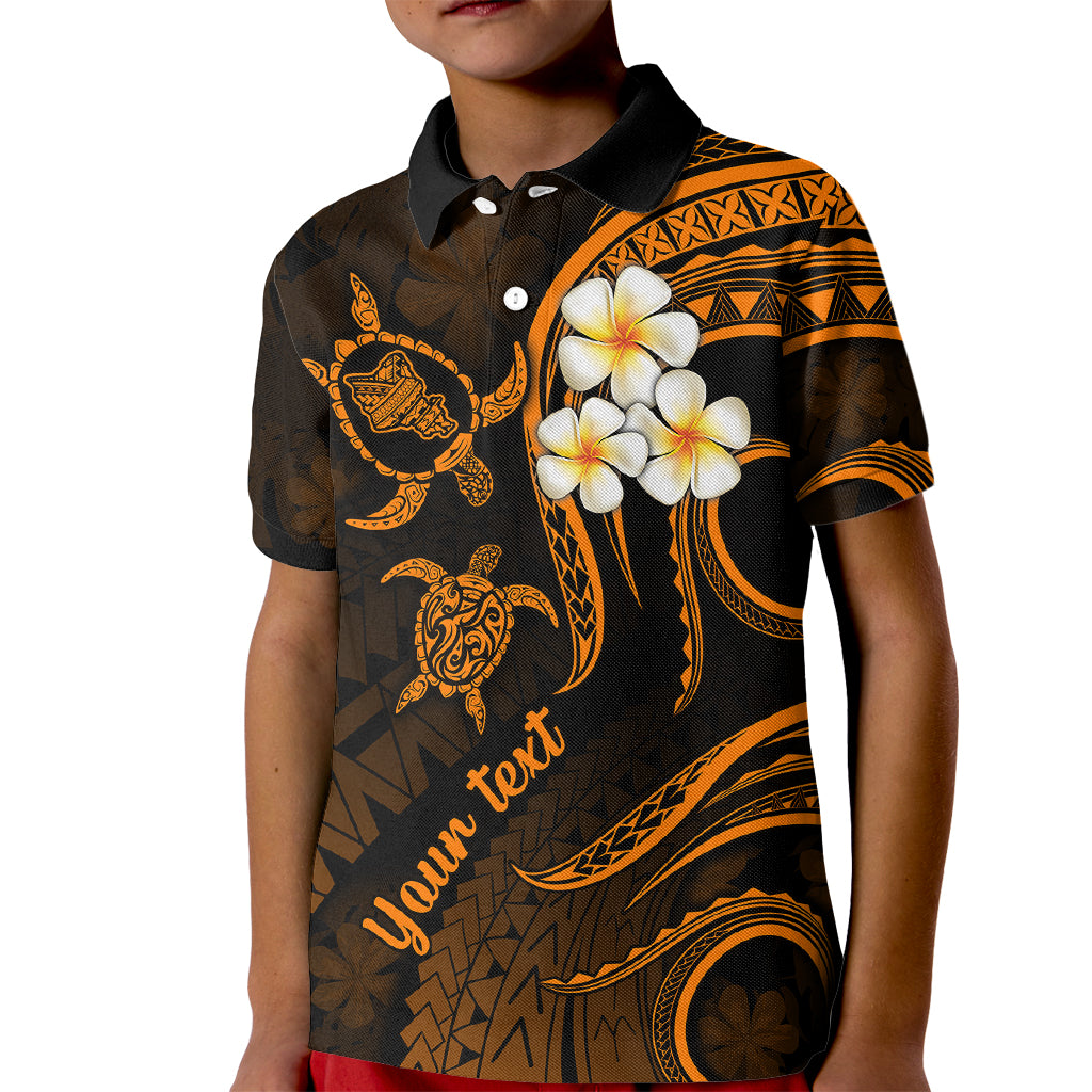 Personalised Oahu Hawaii Kid Polo Shirt Polynesian Tattoo and Pacific Plumeria Gold Vibe - Wonder Print Shop