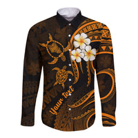 Personalised Oahu Hawaii Long Sleeve Button Shirt Polynesian Tattoo and Pacific Plumeria Gold Vibe - Wonder Print Shop