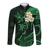 Personalised Oahu Hawaii Long Sleeve Button Shirt Polynesian Tattoo and Pacific Plumeria Green Vibe - Wonder Print Shop