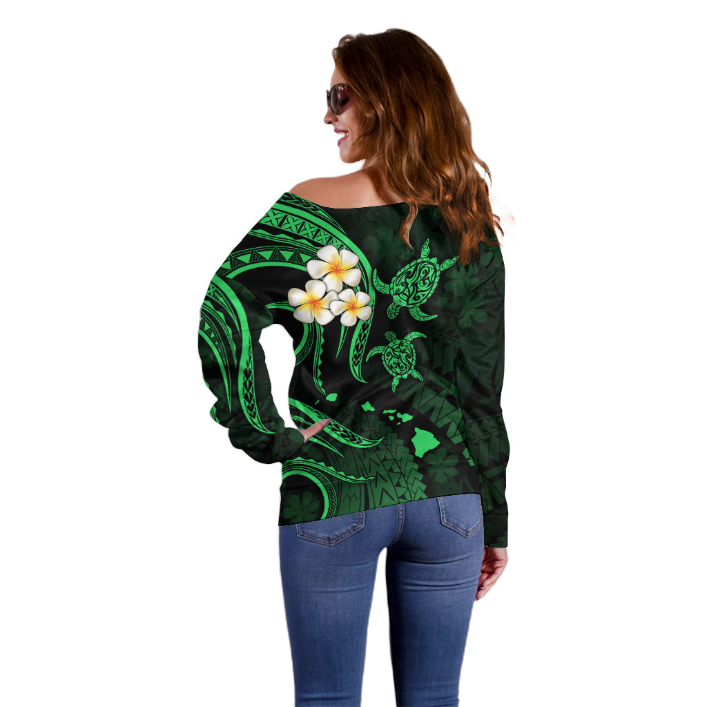 Personalised Oahu Hawaii Off Shoulder Sweater Polynesian Tattoo and Pacific Plumeria Green Vibe - Wonder Print Shop
