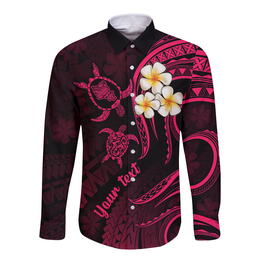 Personalised Oahu Hawaii Long Sleeve Button Shirt Polynesian Tattoo and Pacific Plumeria Pink Vibe - Wonder Print Shop