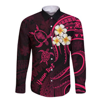 Personalised Oahu Hawaii Long Sleeve Button Shirt Polynesian Tattoo and Pacific Plumeria Pink Vibe - Wonder Print Shop