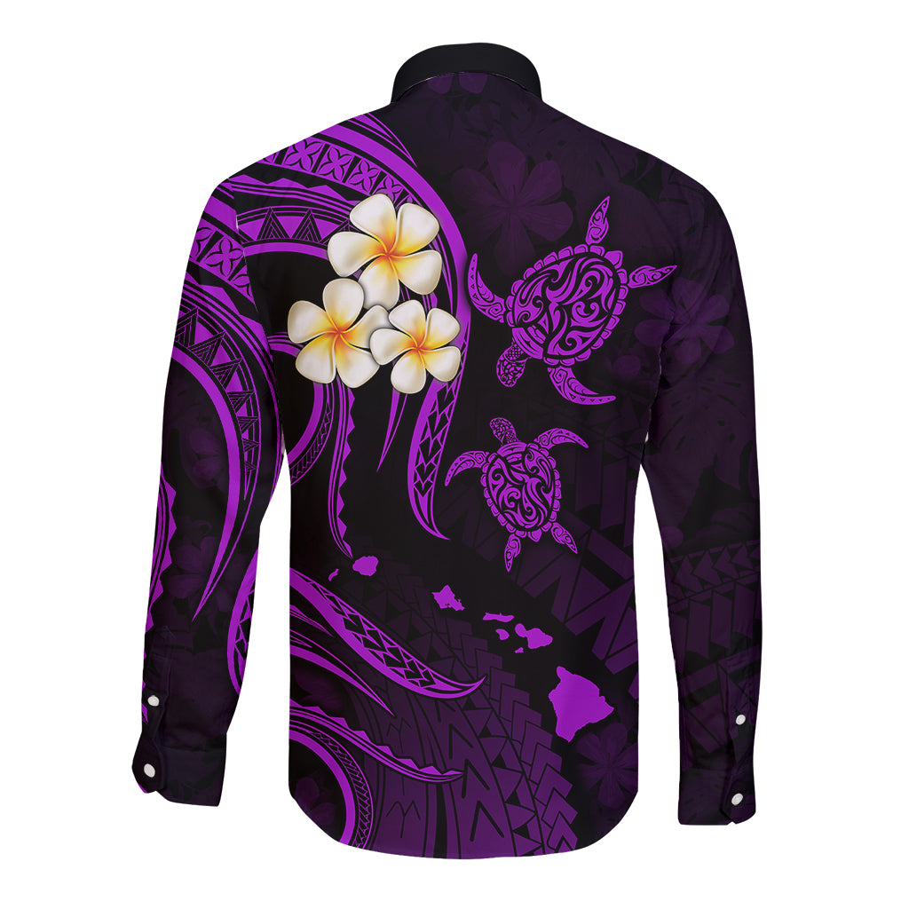 Personalised Oahu Hawaii Long Sleeve Button Shirt Polynesian Tattoo and Pacific Plumeria Purple Vibe - Wonder Print Shop