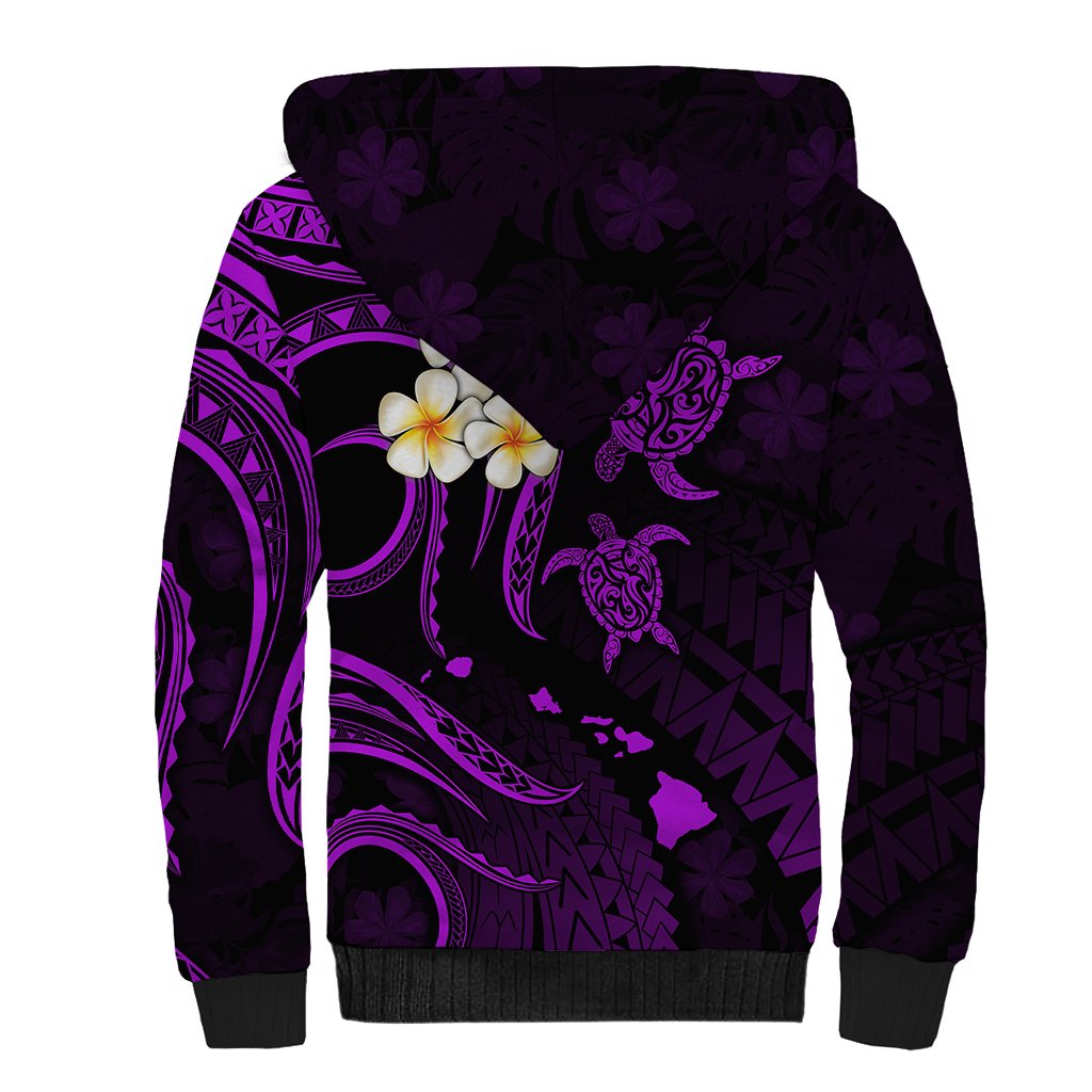 Personalised Oahu Hawaii Sherpa Hoodie Polynesian Tattoo and Pacific Plumeria Purple Vibe - Wonder Print Shop