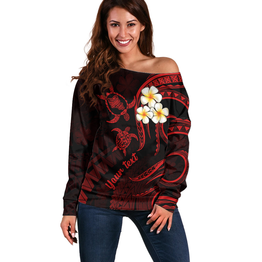 Personalised Oahu Hawaii Off Shoulder Sweater Polynesian Tattoo and Pacific Plumeria Red Vibe - Wonder Print Shop