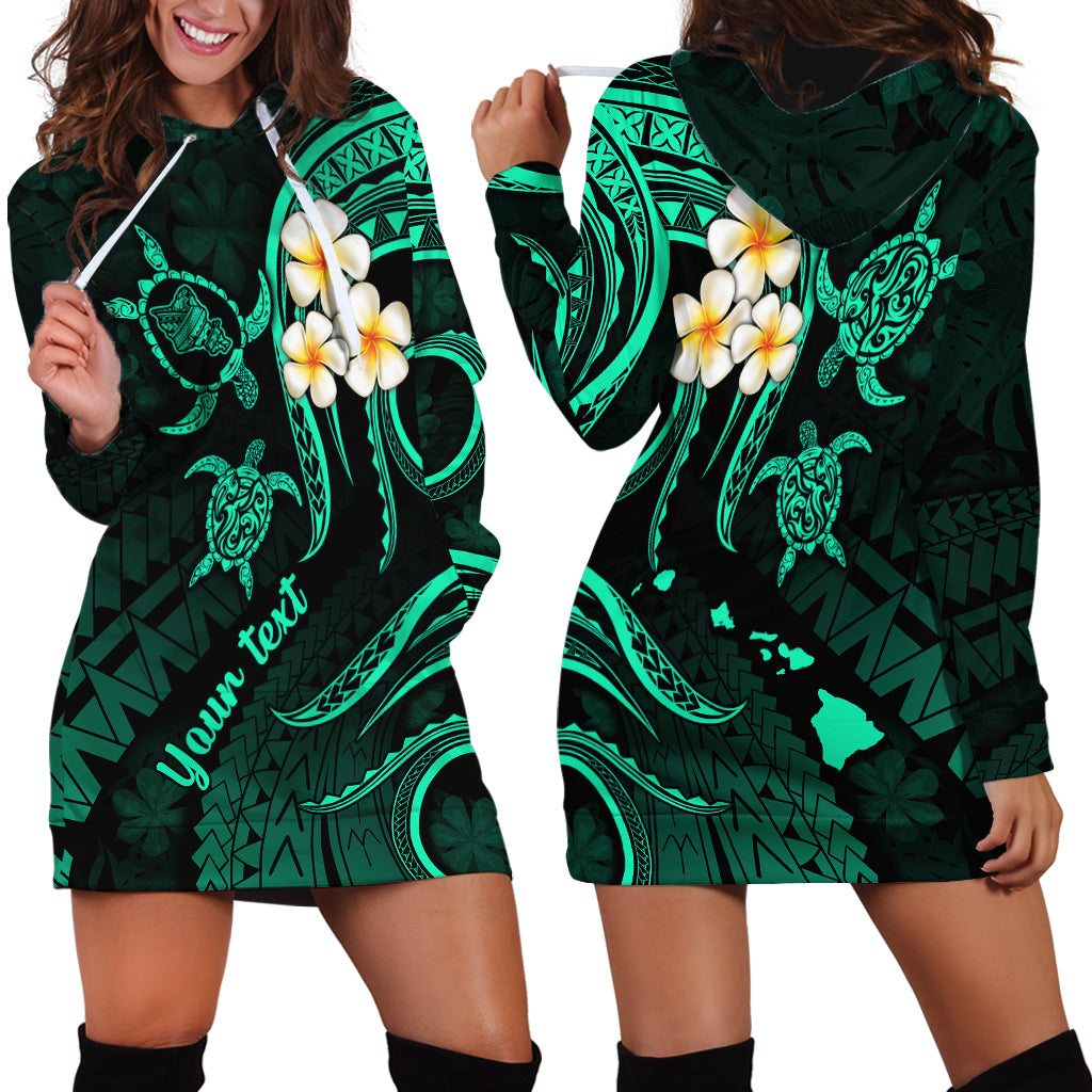 Personalised Oahu Hawaii Hoodie Dress Polynesian Tattoo and Pacific Plumeria Turquoise Vibe - Wonder Print Shop