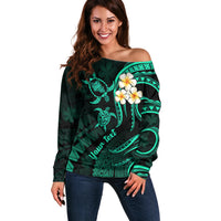 Personalised Oahu Hawaii Off Shoulder Sweater Polynesian Tattoo and Pacific Plumeria Turquoise Vibe - Wonder Print Shop