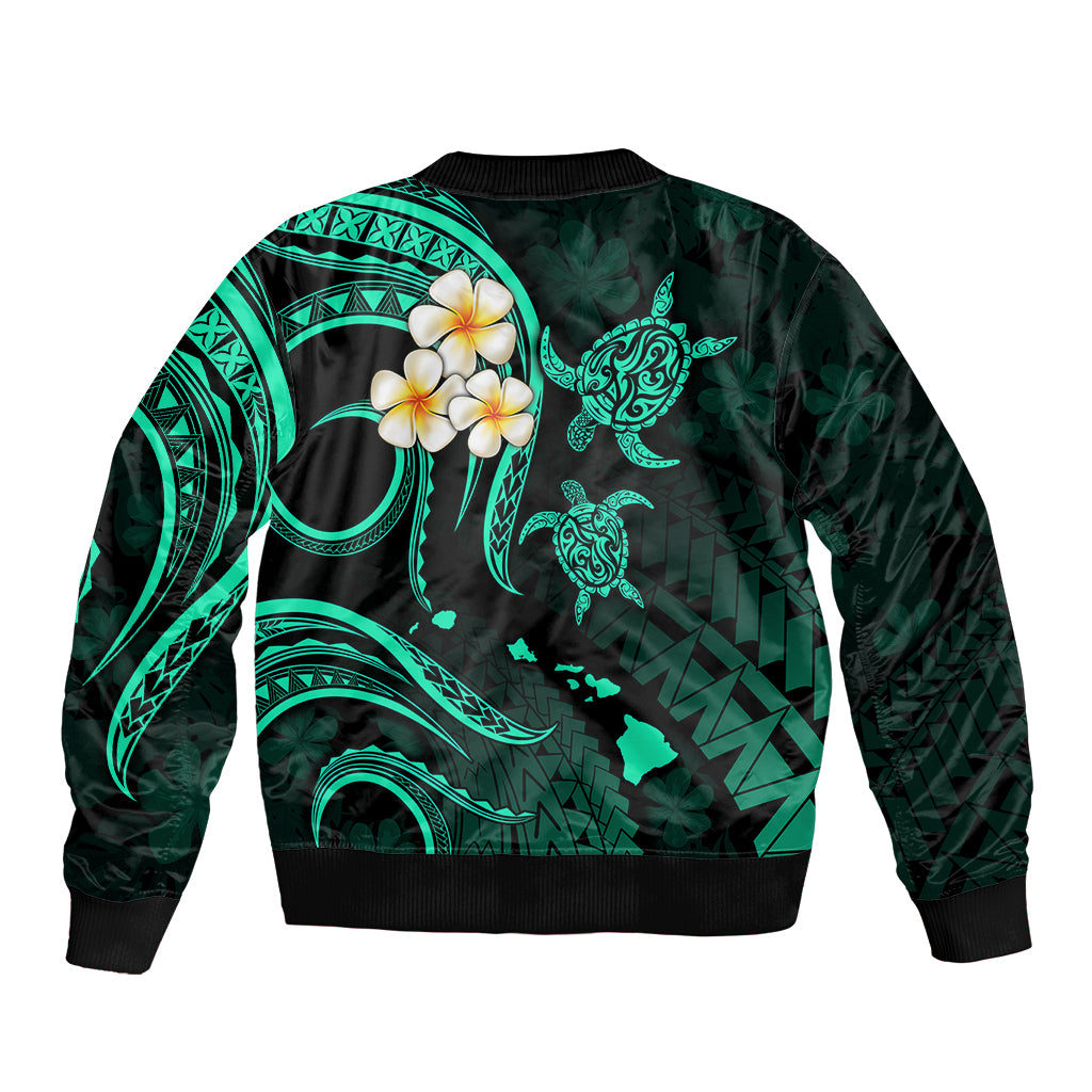 Personalised Oahu Hawaii Sleeve Zip Bomber Jacket Polynesian Tattoo and Pacific Plumeria Turquoise Vibe - Wonder Print Shop