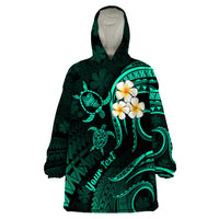 Personalised Oahu Hawaii Wearable Blanket Hoodie Polynesian Tattoo and Pacific Plumeria Turquoise Vibe - Wonder Print Shop
