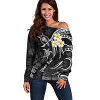Personalised Oahu Hawaii Off Shoulder Sweater Polynesian Tattoo and Pacific Plumeria White Vibe - Wonder Print Shop