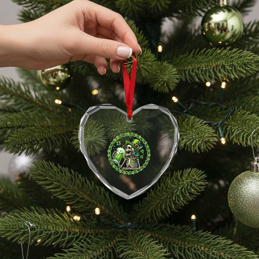 Lucky Irish Skeleton St Patricks Day Heart Crystal Glass Ornament Beer Lover