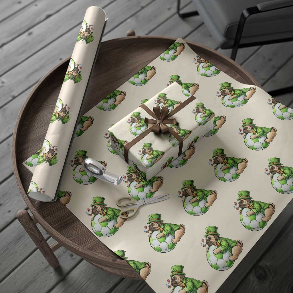 Lucky Pug Soccer Lover Wrapping Paper Roll St Paddys Day Irish Football Gift