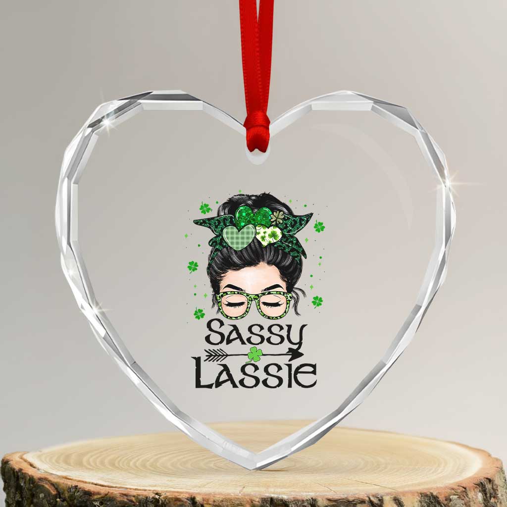 Lucky Sassy Lassie Messy Bun Heart Crystal Glass Ornament Funny St Patricks Day - Wonder Print Shop