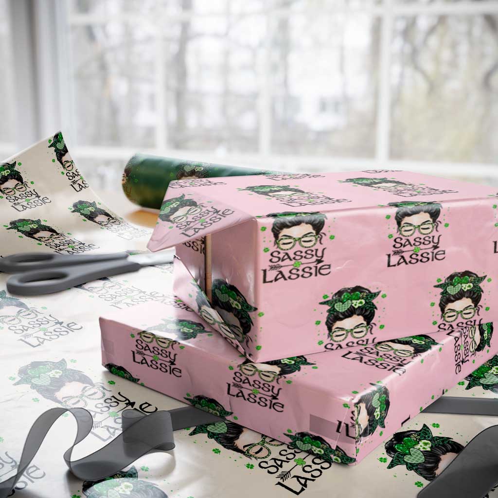 Lucky Sassy Lassie Messy Bun Wrapping Paper Roll Funny St Patricks Day - Wonder Print Shop